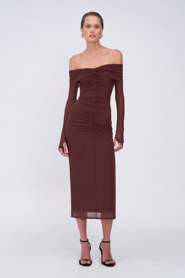 suboo Christy Mesh Off Shoulder Midi Dress - Espresso