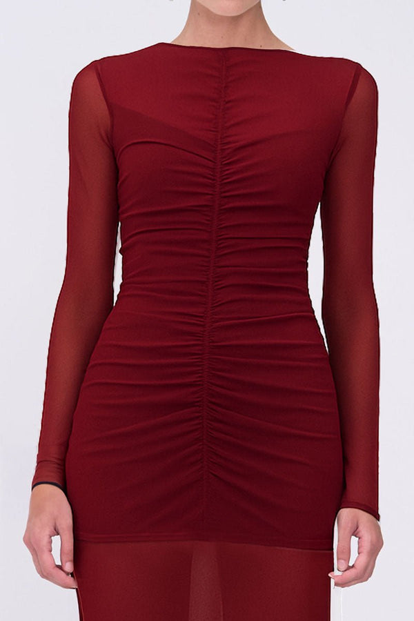 Suboo Christy Mesh Ruched Front Long Sleeve Top - Bordeaux