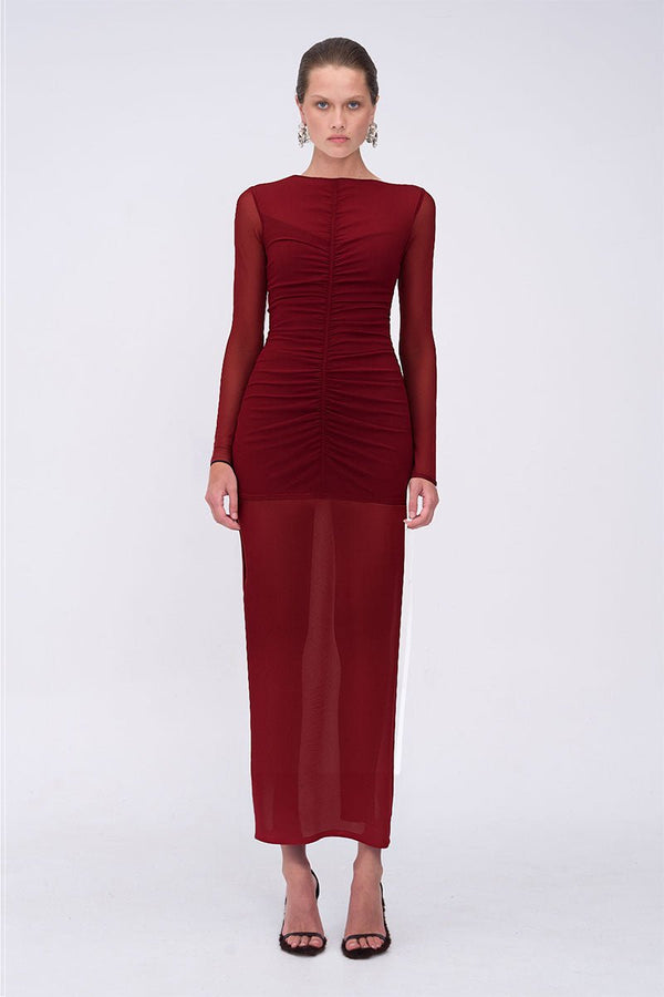 suboo Christy Mesh Ruched Front Long Sleeve Top - Bordeaux