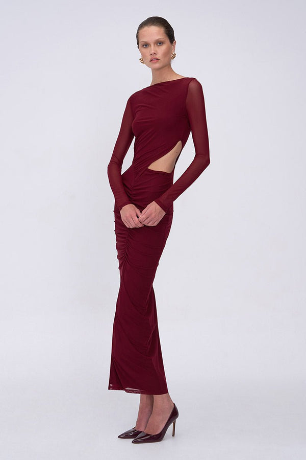 Suboo Christy Mesh Ruched Front Maxi Dress - Bordeaux
