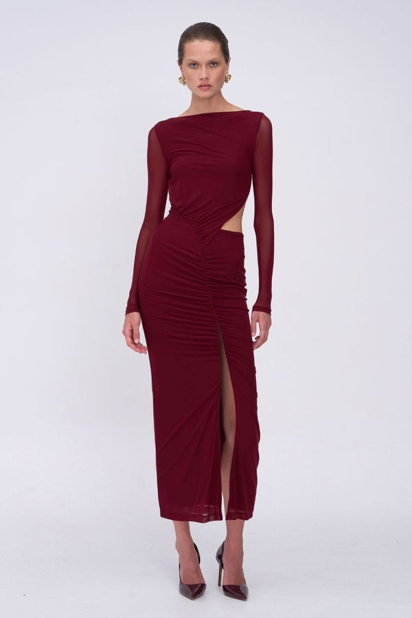 suboo Christy Mesh Ruched Front Maxi Dress - Bordeaux