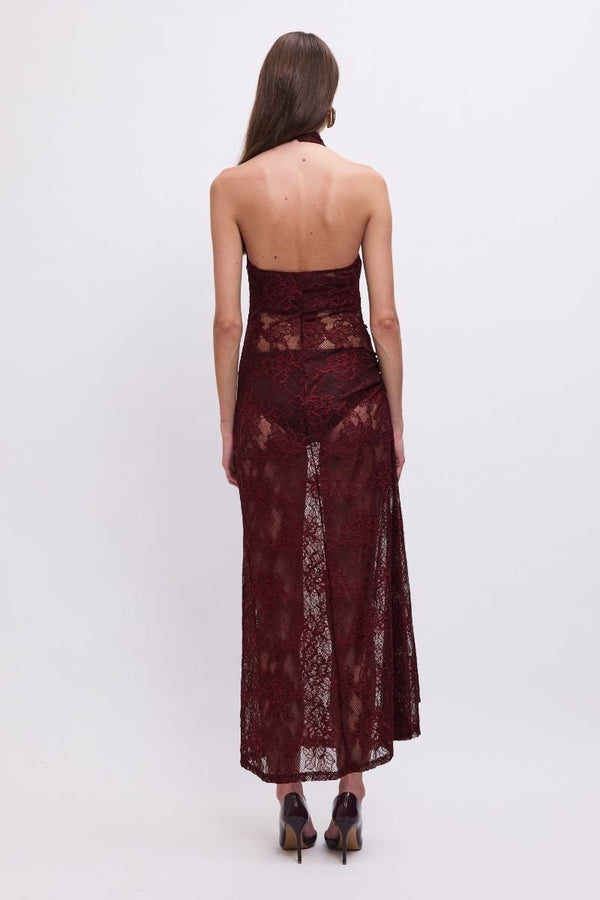 Suboo Gordana Sheer Lace Halter-Neck Maxi Dress With Built In Bralette – Bordeaux