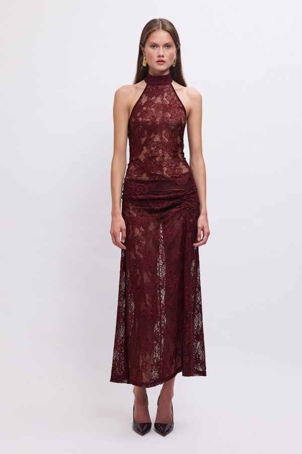 suboo Gordana Sheer Lace Halter-Neck Maxi Dress with Built in Bralette – Bordeaux