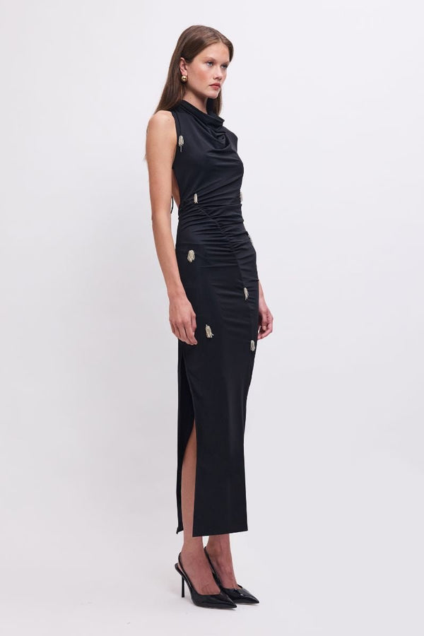 Suboo Phoebe Asymmetrical Cowl-Neck Embellished Maxi Dress – Black