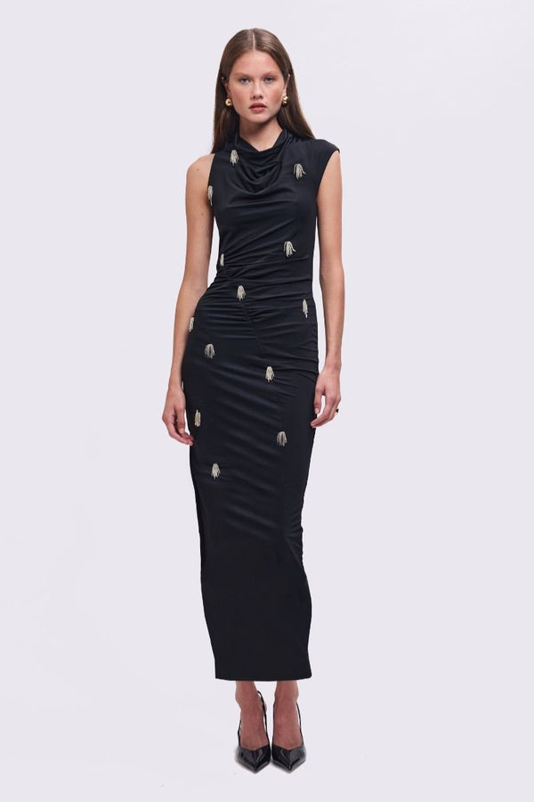 suboo Phoebe Asymmetrical Cowl-Neck Embellished Maxi Dress – Black