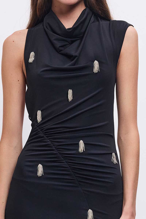 Suboo Phoebe Asymmetrical Cowl-Neck Embellished Mini Dress – Black