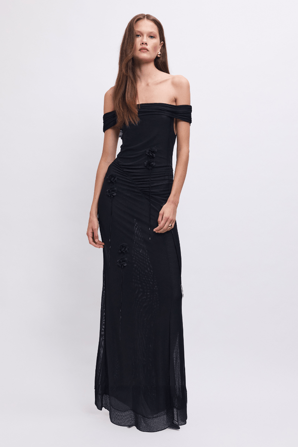 Suboo Sal Mesh 3D Flower Embellished Off-Shoulder Maxi Dress – Black