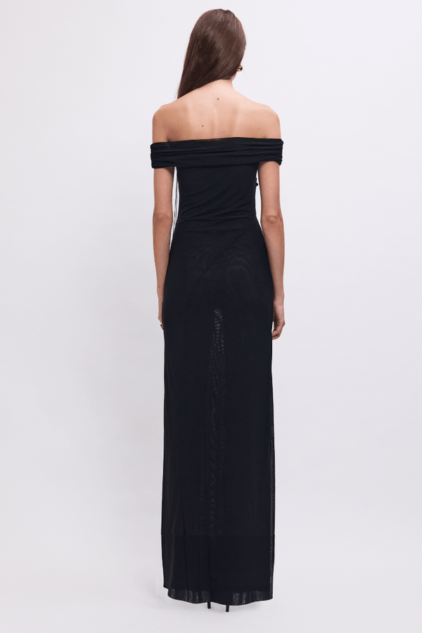 Suboo Sal Mesh 3D Flower Embellished Off-Shoulder Maxi Dress – Black