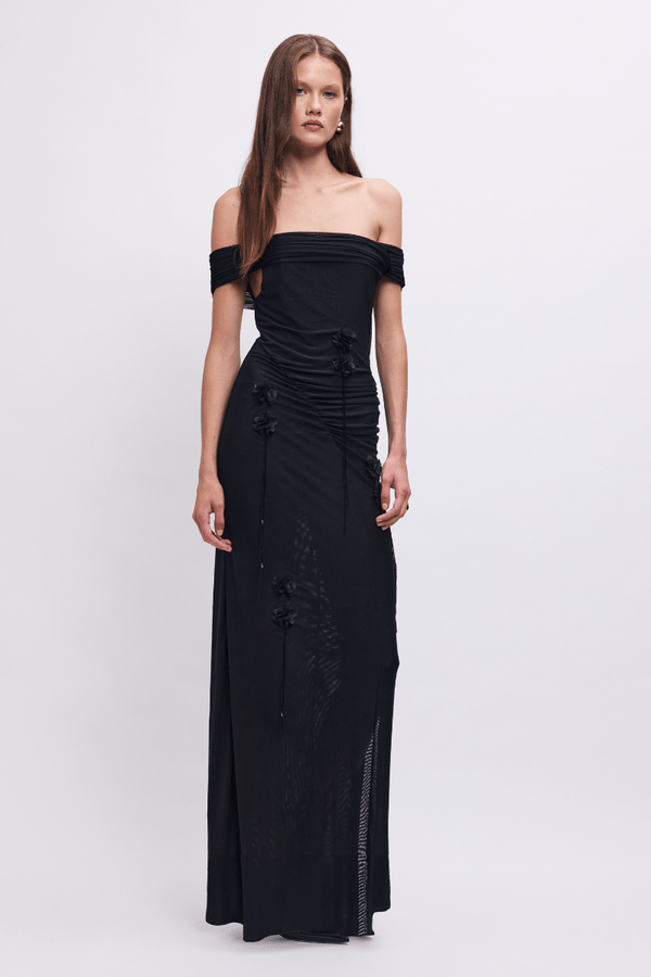 suboo Sal Mesh 3D Flower Embellished Off-Shoulder Maxi Dress – Black