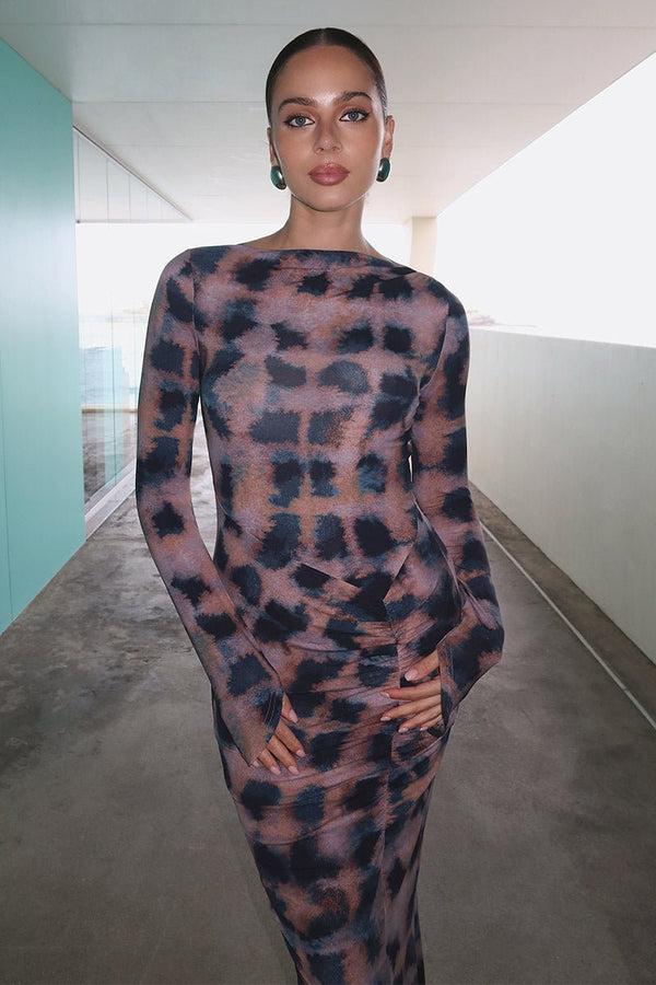 Suboo Shibori Long Sleeve Ruched Maxi Dress - Tortoiseshell