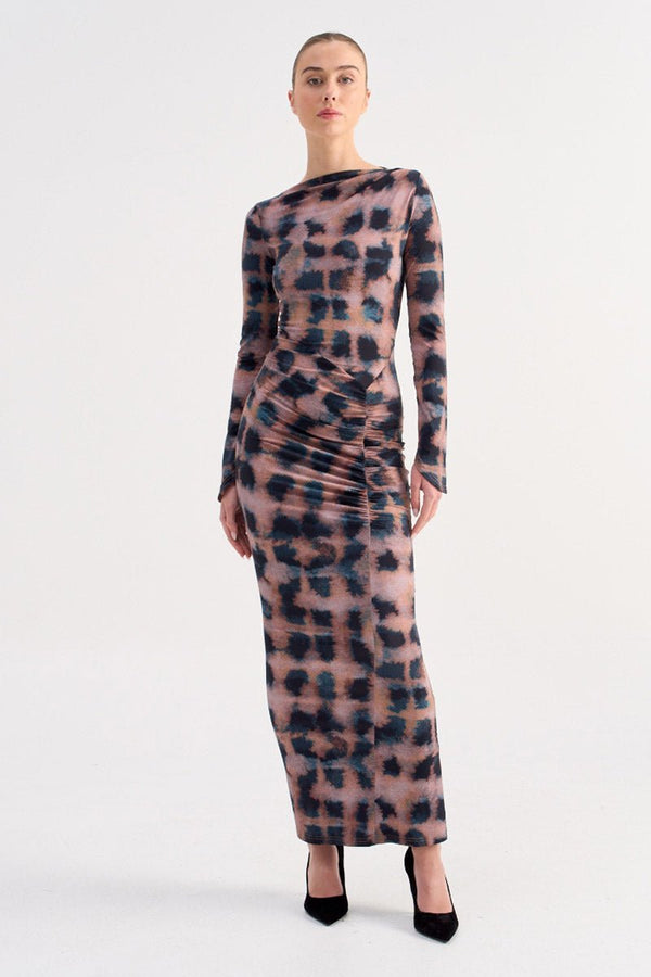 suboo Shibori Long Sleeve Ruched Maxi Dress - Tortoiseshell