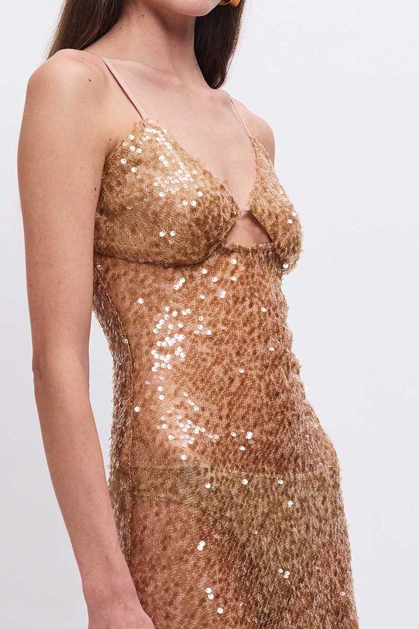 Suboo Allure Sheer Sequin Maxi Dress - Gold
