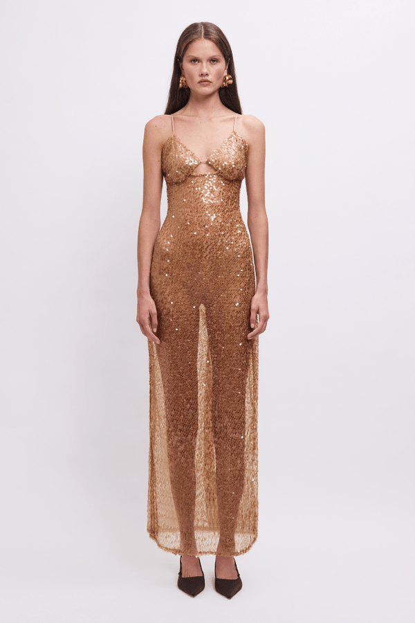 suboo Allure Sheer Sequin Maxi Dress - Gold