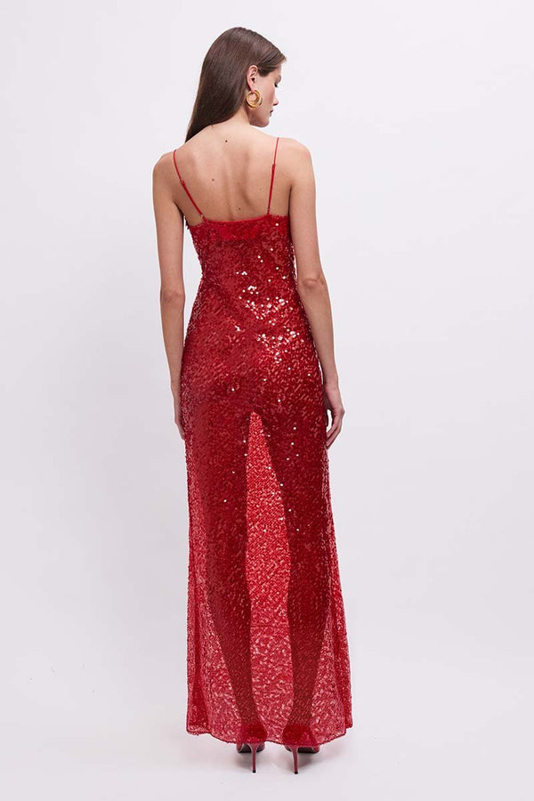 Suboo Allure Sheer Sequin Maxi Dress – Red