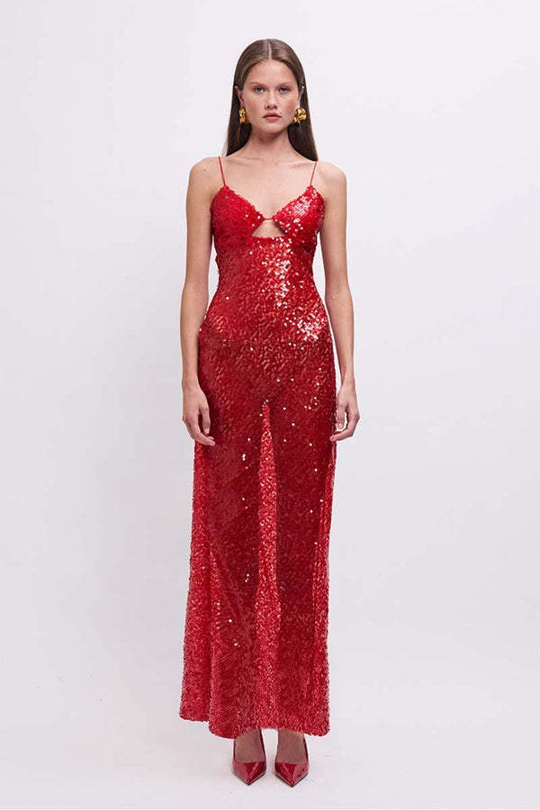 suboo Allure Sheer Sequin Maxi Dress – Red