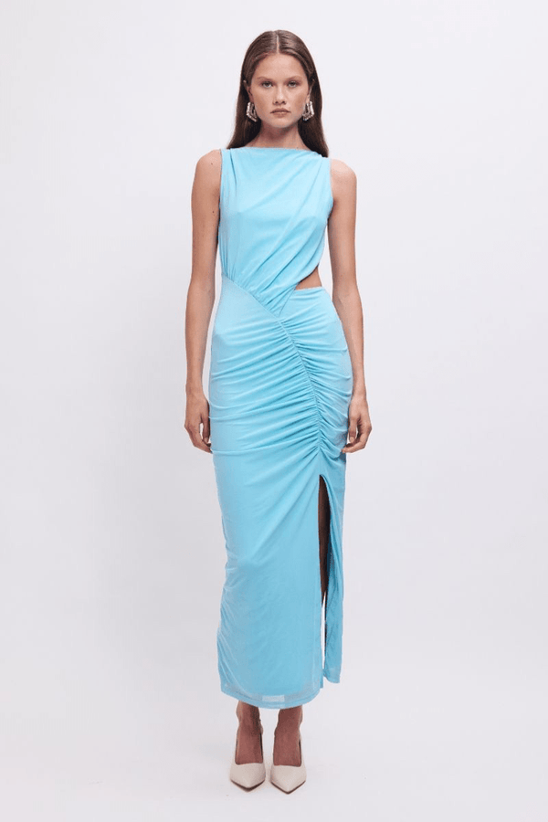Suboo Katy Ruched Cut-Out Mesh Midi Dress – Sky Blue