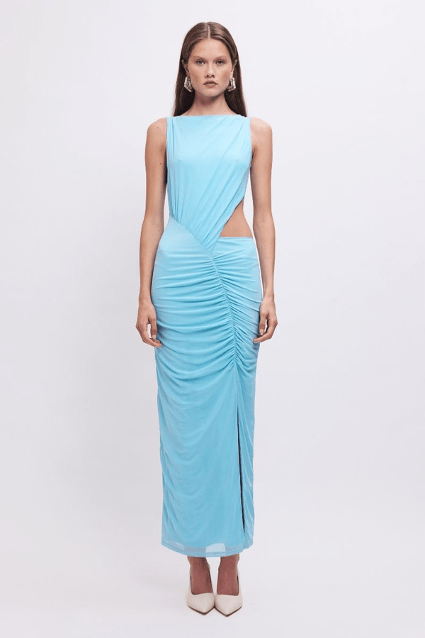 suboo Katy Ruched Cut-Out Mesh Midi Dress – Sky Blue
