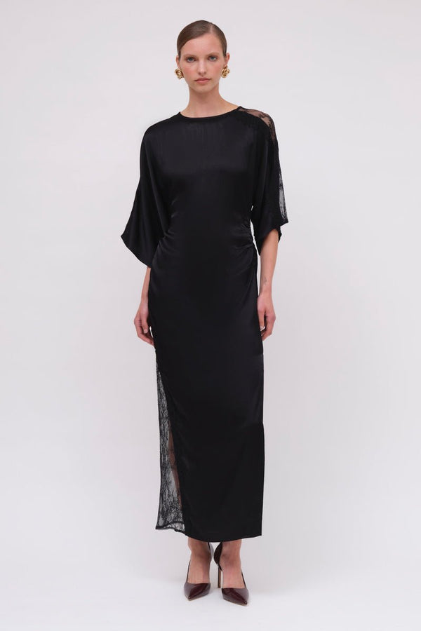 Suboo Lee Satin Lace Cape Sleeve Maxi Dress - Black