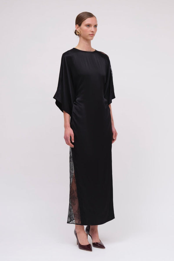 Suboo Lee Satin Lace Cape Sleeve Maxi Dress - Black