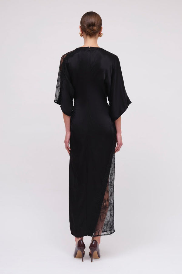Suboo Lee Satin Lace Cape Sleeve Maxi Dress - Black