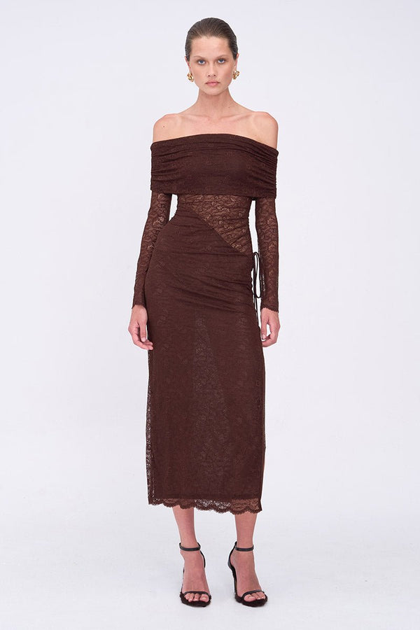 suboo Paris Off Shoulder Ruched Side Midi Dress