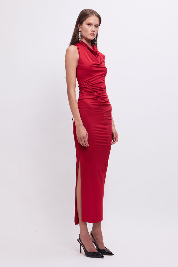 Suboo Phoebe Asymmetrical Cowl-Neck Maxi Dress – Red