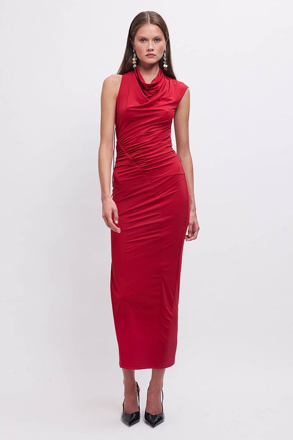 suboo Phoebe Asymmetrical Cowl-Neck Maxi Dress – Red