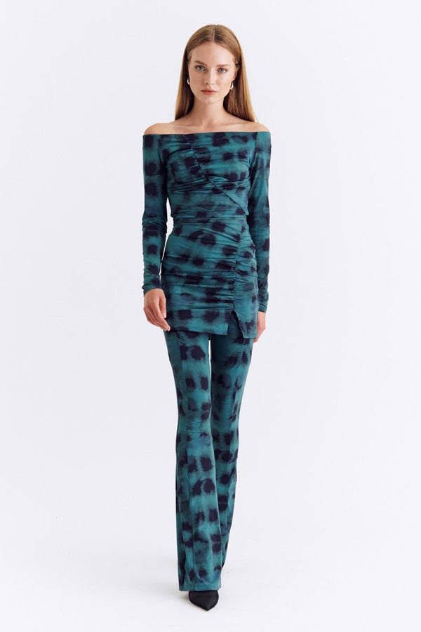 Suboo Shibori Long Sleeve Off Shoulder Mini - Green