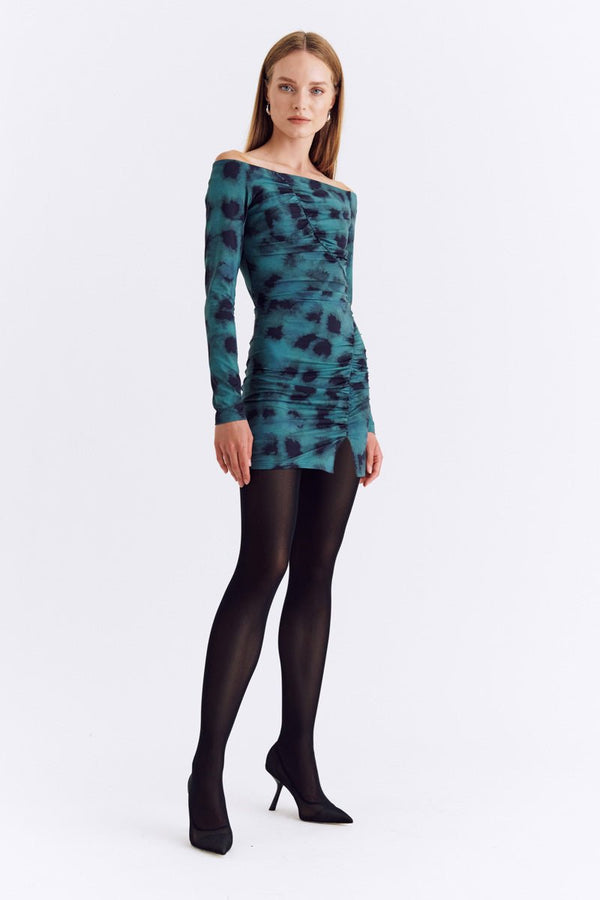 Suboo Shibori Long Sleeve Off Shoulder Mini - Green