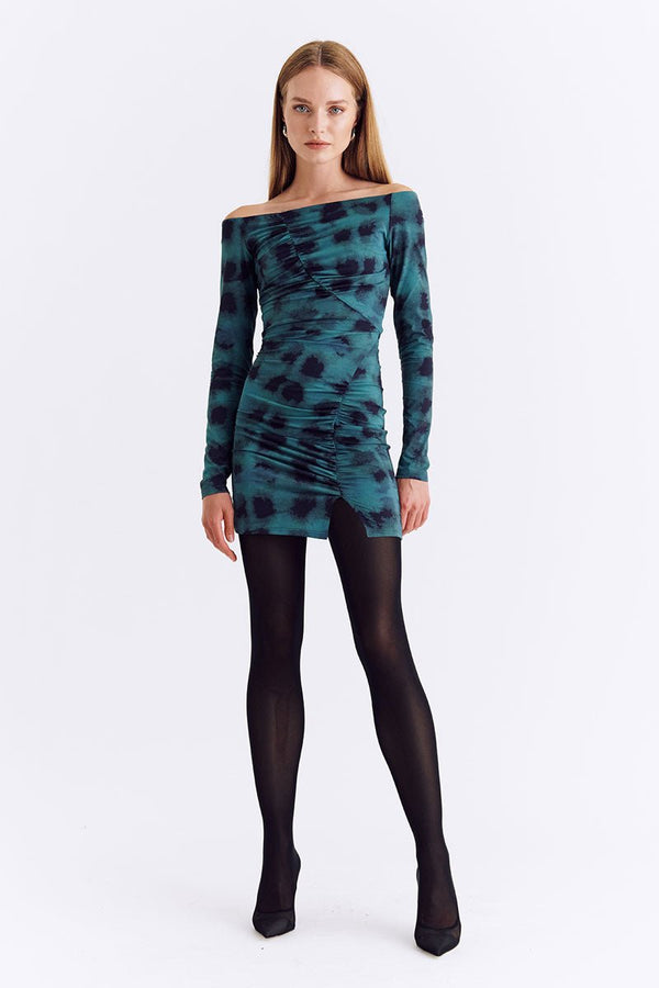 suboo Shibori Long Sleeve Off Shoulder Mini - Green