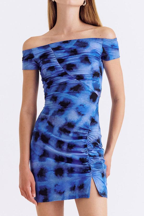 Suboo Shibori Short Sleeve Off Shoulder Dress - Blue