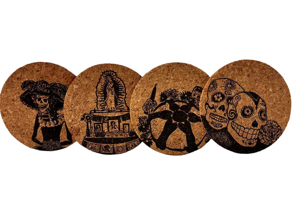 sugar skull Coasters - Cork With Mexican Stamps - Set of 4