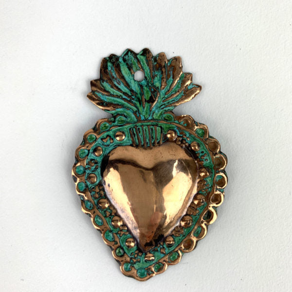 sugar skull Copper Flaming Heart Milagro 2 3/4 inch