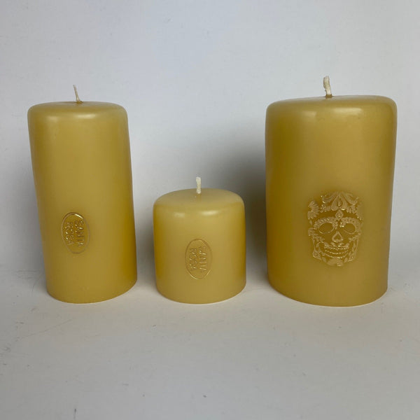 sugar skull Mexican Church Candle 3x6 (shown left side)