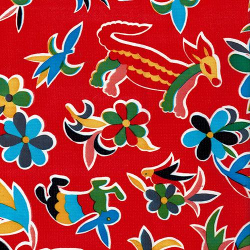 sugar skull Mexican Oilcloth - Animales on Red - Otomi traditional designs