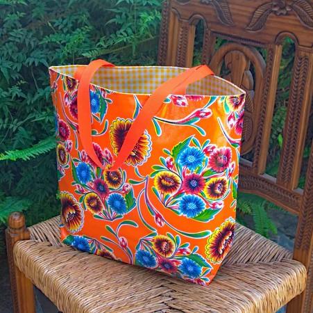 sugar skull Oilcloth Tote - Floral Orange-With Yellow Gingham