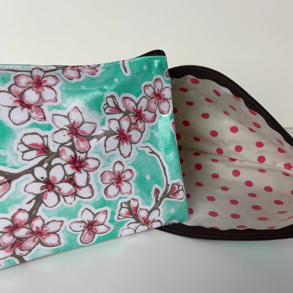sugar skull Oilcloth Zipper Bag - Cherry Blossom w/pink