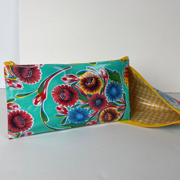 sugar skull Oilcloth Zipper Bag - Floral Aqua with Yellow