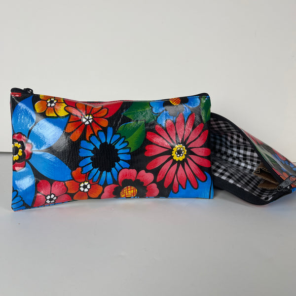sugar skull Oilcloth Zipper Bag - Flower Fields on Black