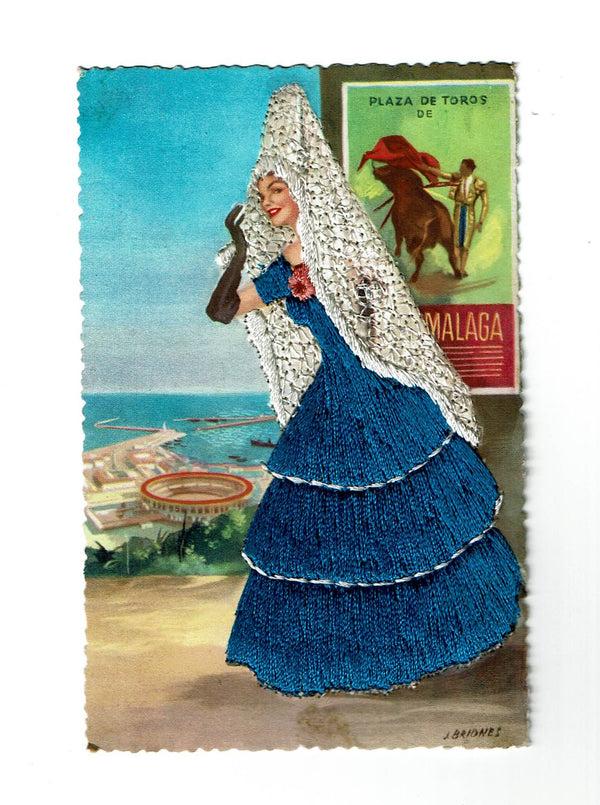sugar skull Post card - Silk Embroidered - Lady with Blue Dress - White Veil