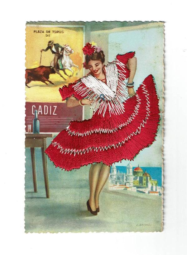 sugar skull Post card - Silk Embroidered - Lady with Red Dress and White Shawl