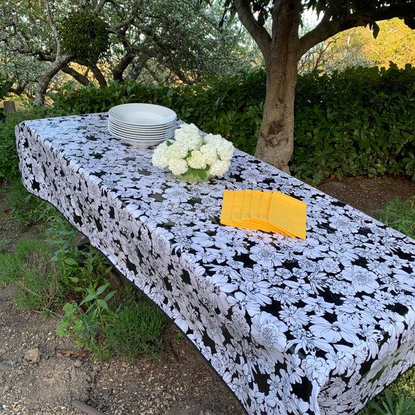 sugar skull Rectangle 86" Long Oilcloth Tablecloth – Wildflowers in Black & White - Black trim