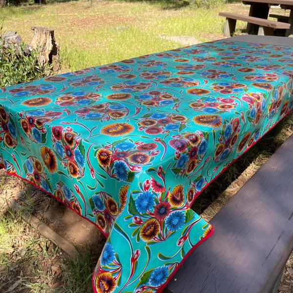 sugar skull Rectangle 86" Long Table Oilcloth - Floral Aqua - Red Trim