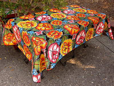 sugar skull Rectangle 86" Long Table Oilcloth – Frida on Black with black trim