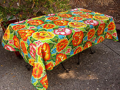 sugar skull Rectangle 86" Long Table Oilcloth – Frida on Lime Green - green trim