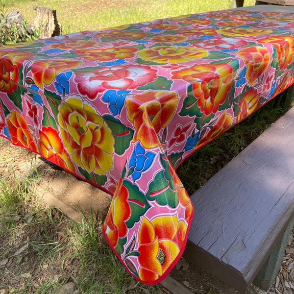 sugar skull Rectangle 86" Long Table Oilcloth - Frida Rosa Mexicana - Red trim