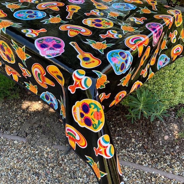 sugar skull Rectangle 86" Long Table Oilcloth – Sugar Skull Black on Black