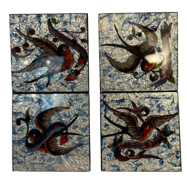 sugar skull Reverse Painted Glass Plaque - Tattoo Birds - 4 pk