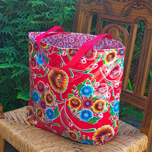 sugar skull Reversible Oilcloth Market Bag - Floral Red/Paradise Red & White