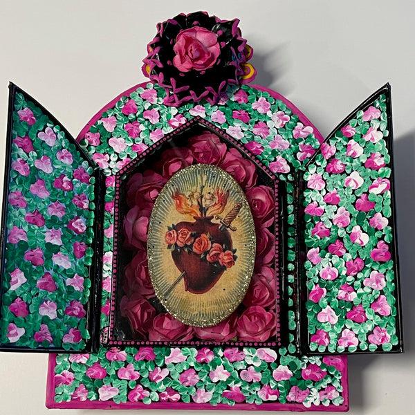 sugar skull Rose & Flaming Heart Retablo with 2 doors - Large - 8 inches tall